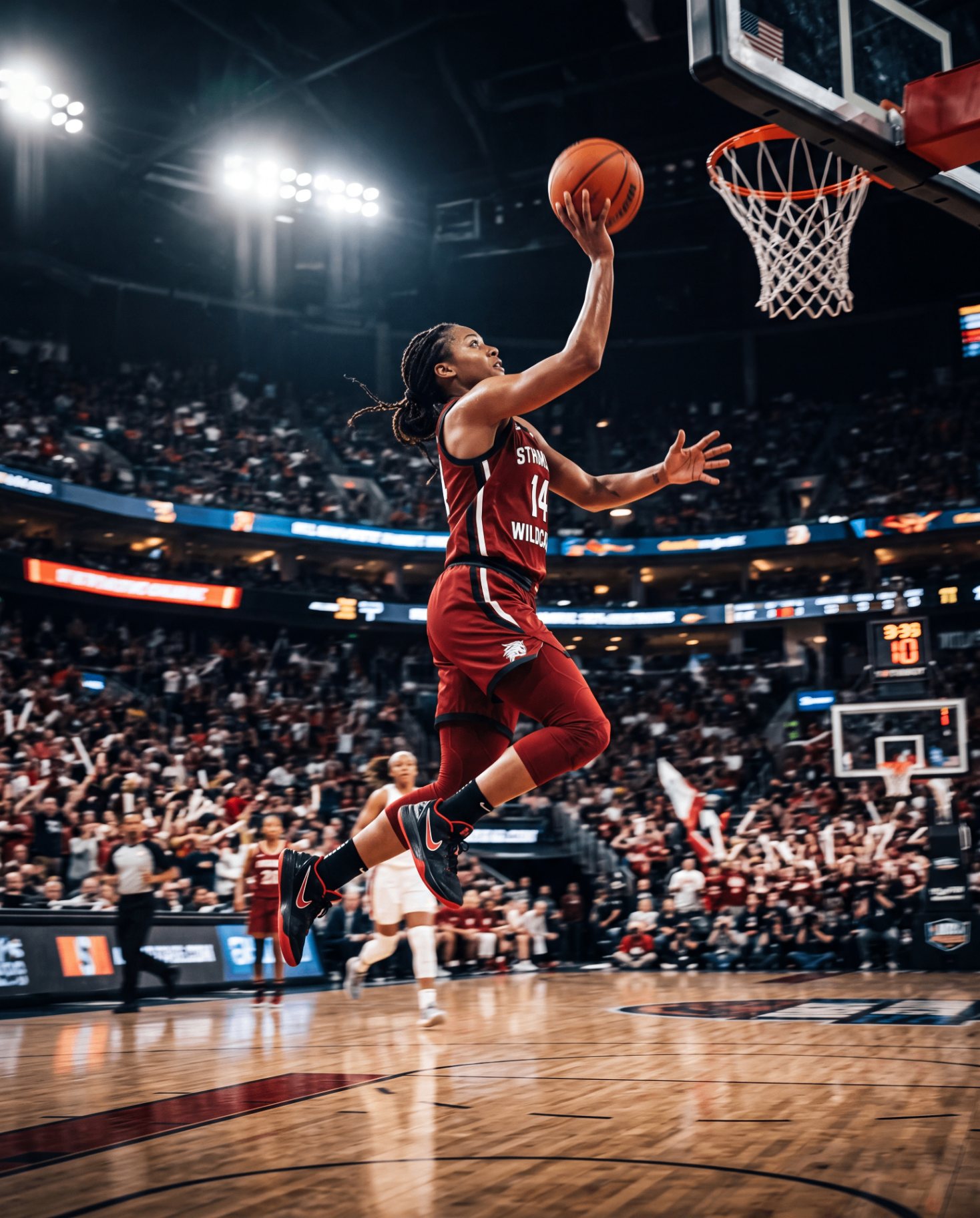 Basketball player mid-layup at a packed stadium